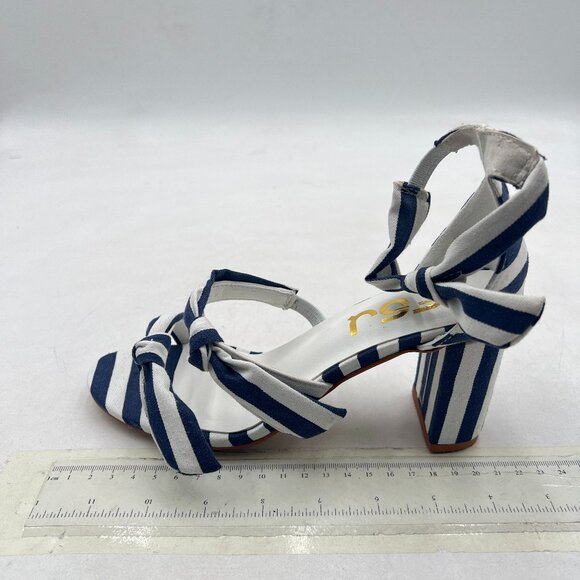 FSJ Navy/White Stripe Bow Tie Chunky Heels Open Toe Ankle Strap Sandals - Picture 1 of 7